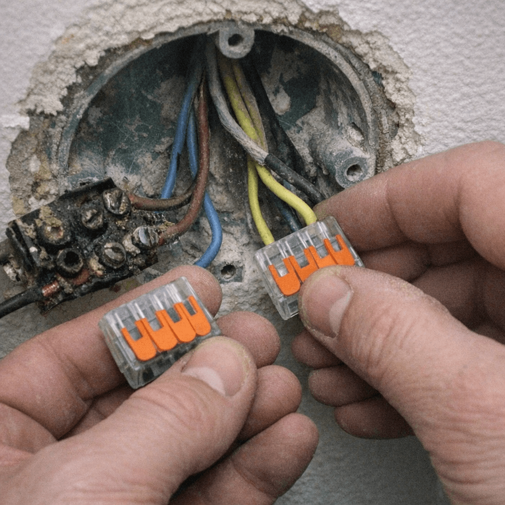 Geöffnete Anschlussdose mit neuen Verbindungsklemmen