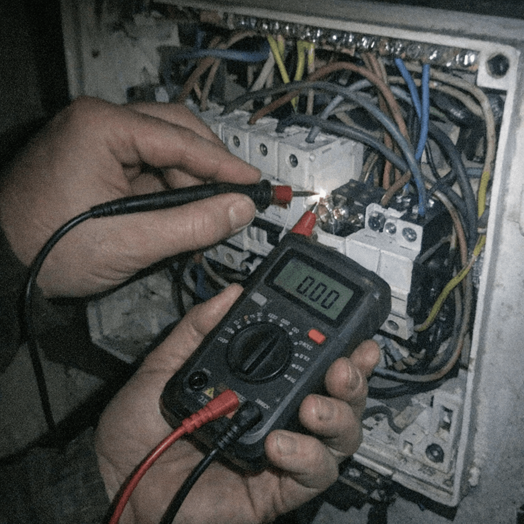 Elektriker prüft eine geöffnete Verteilung mit Messgerät