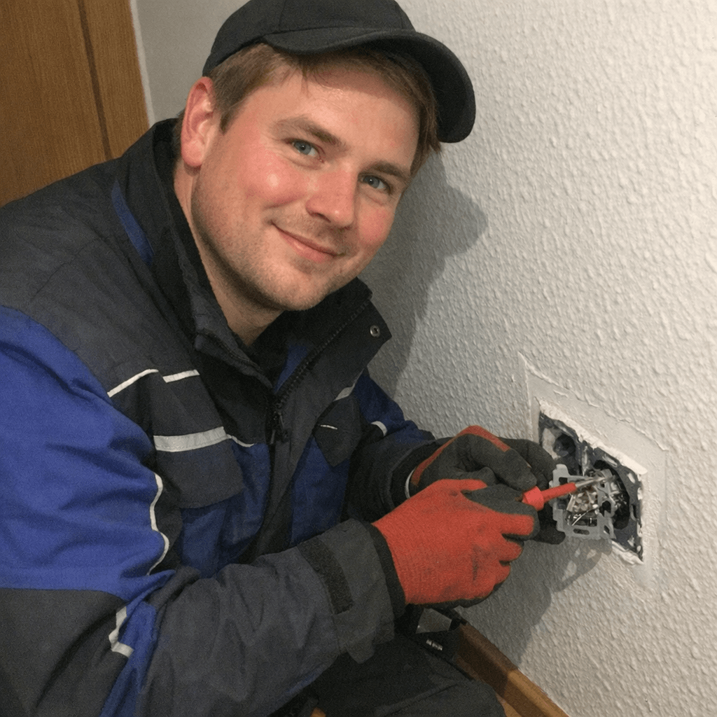 Elektriker bei der Prüfung einer geöffneten Wandsteckdose in einer Wohnung in Leuna