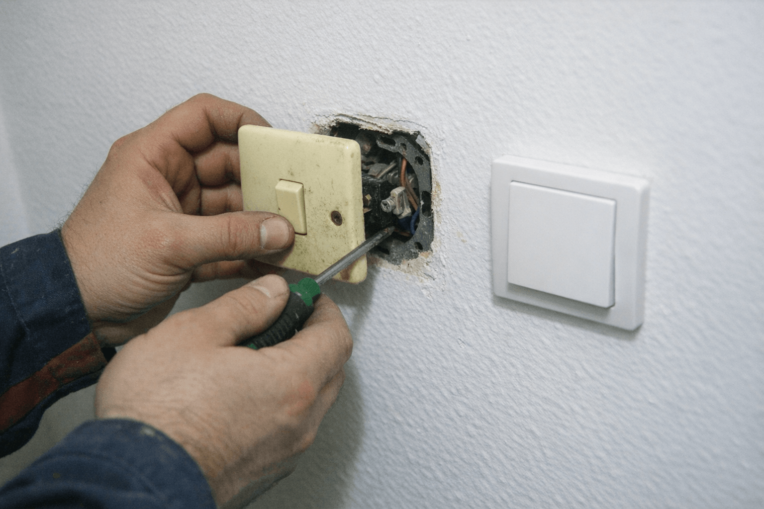 Hand eines Elektrikers tauscht einen vergilbten Schaltereinsatz gegen ein neues Modell