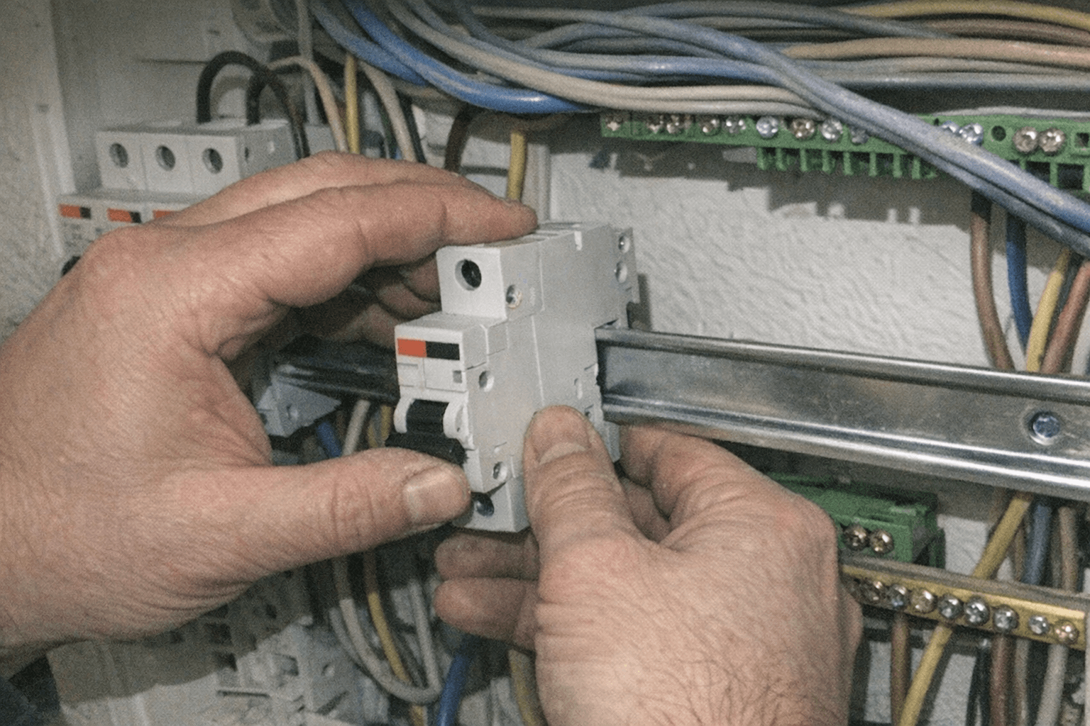 Elektriker setzt einen neuen Leitungsschutzschalter in eine freie Reihe des Verteilers ein